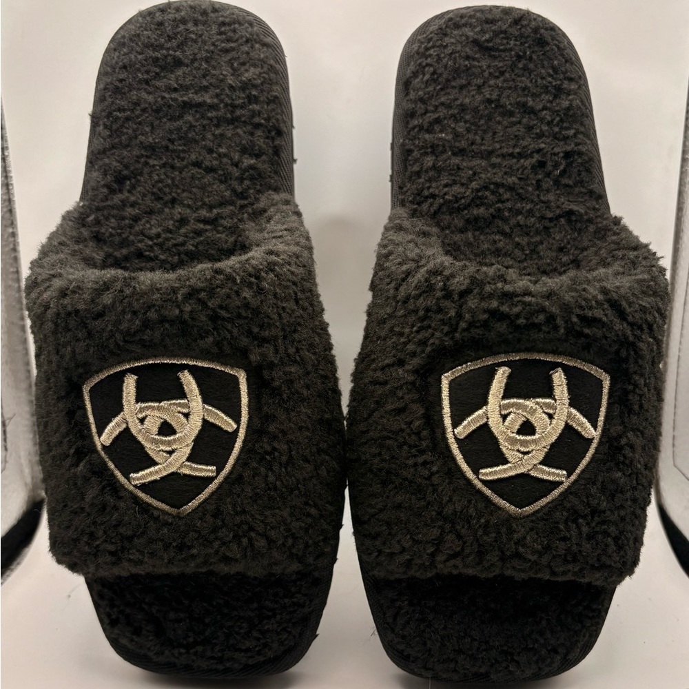 Ariat Women's Black Fleece Slide Slippers Open Toe Comfort Logo Accent